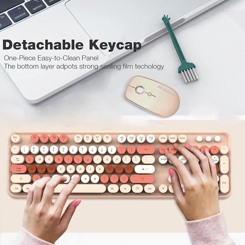 FD Wireless Keyboard and Mouse Combo | Cute Colorful Keyboard and Mouse with 2.4GHz Cordless Retro Typewriter Keyboard | Auto-Sleep | USB Receiver for Windows PC/Laptop - Creamy Colorful - Image 4